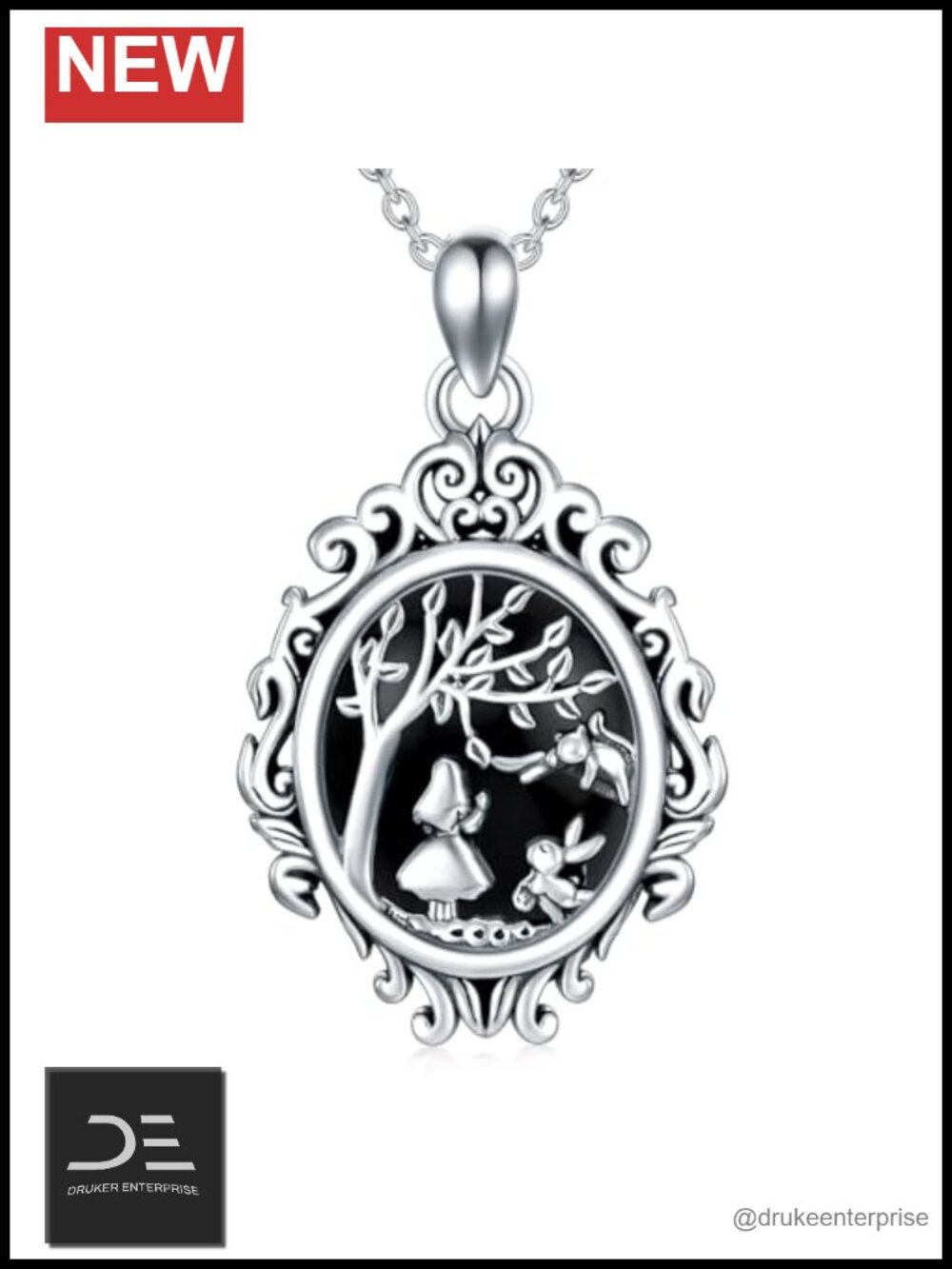 Natural Black Onyx Alice in Wonderland Pendant Necklace 925 Sterling Silver for